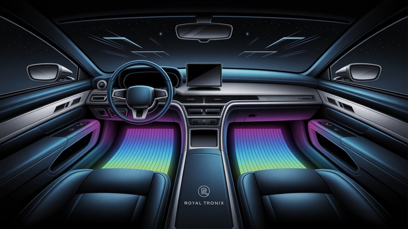 Car interior with futuristic design and glowing elements, featuring the brand 'Royal Tronix'.