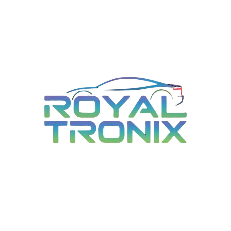 Logo of Royal Tronix with a car silhouette on a black background