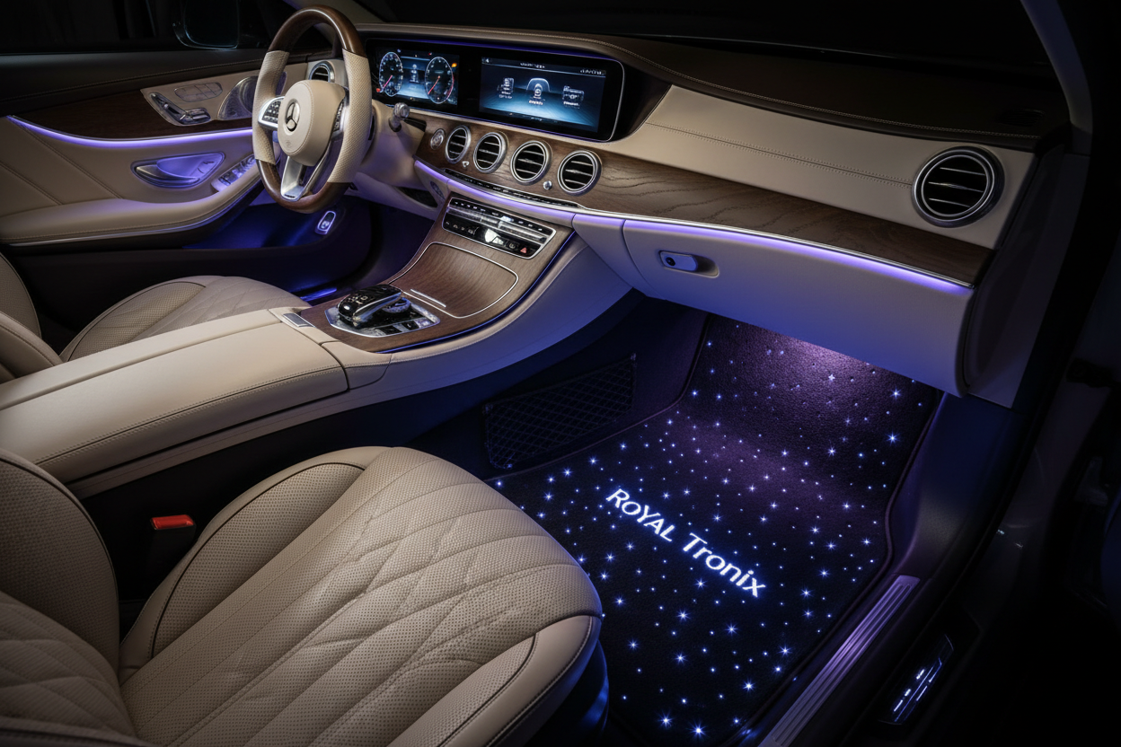 an image of a luxury car interior with starlight led carmat and a brand name writen RoYaL Tronix
